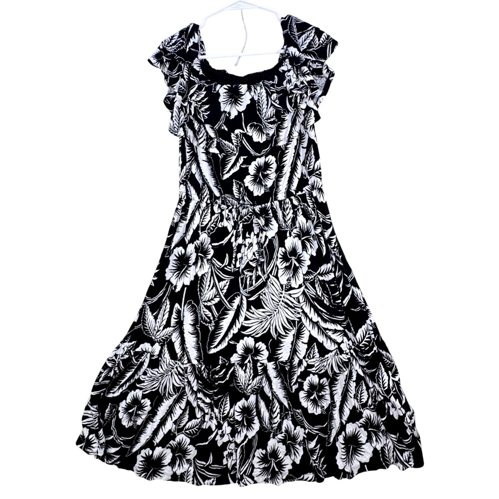 Lauren Ralph Lauren Floral Midi Dress Women Sz 8 Black White Linen Tropical Boho
